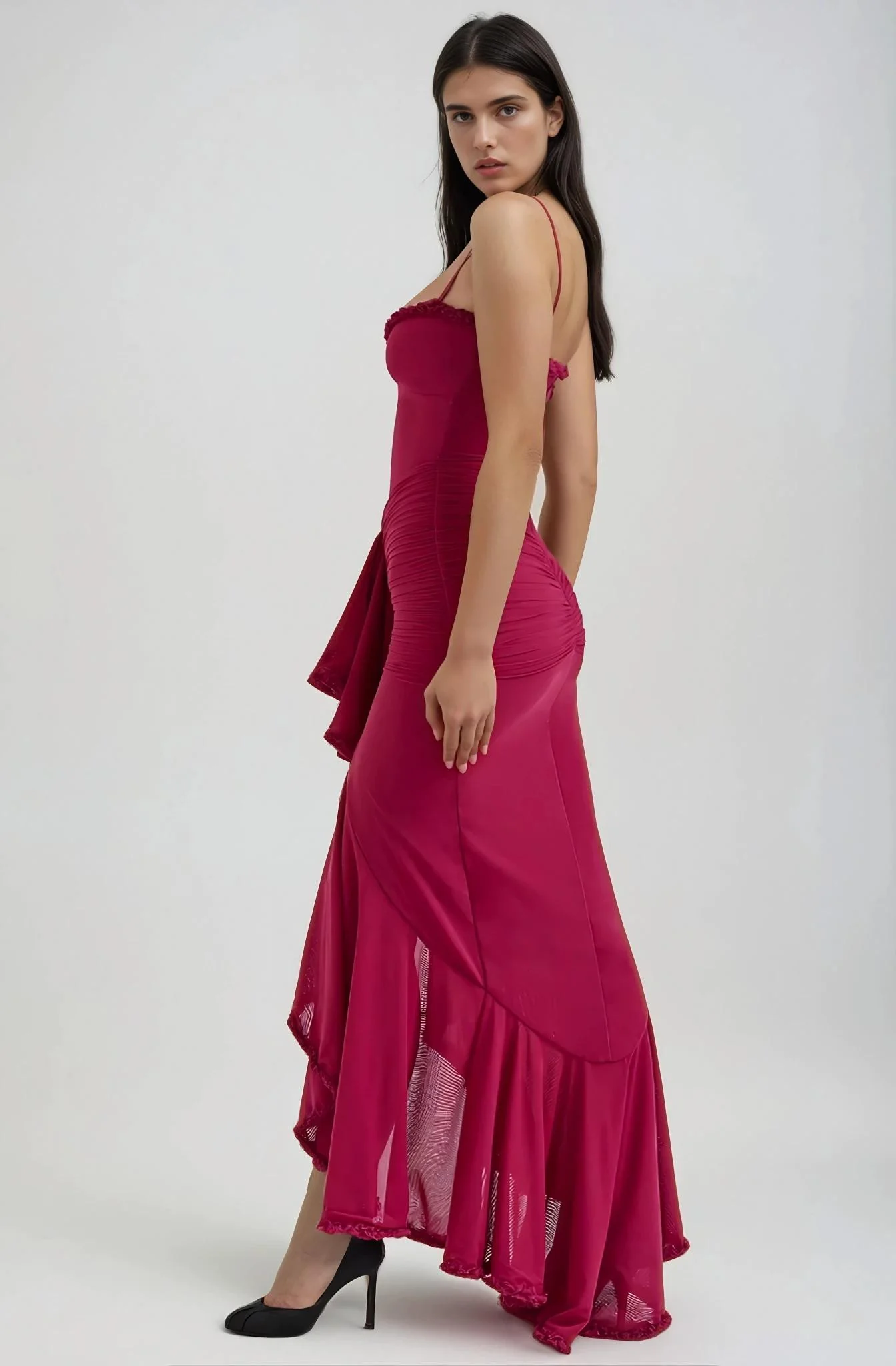 Étoile Ruffle Satin Maxi Dress | Spaghetti Straps, Waterfall Front, Train Hem