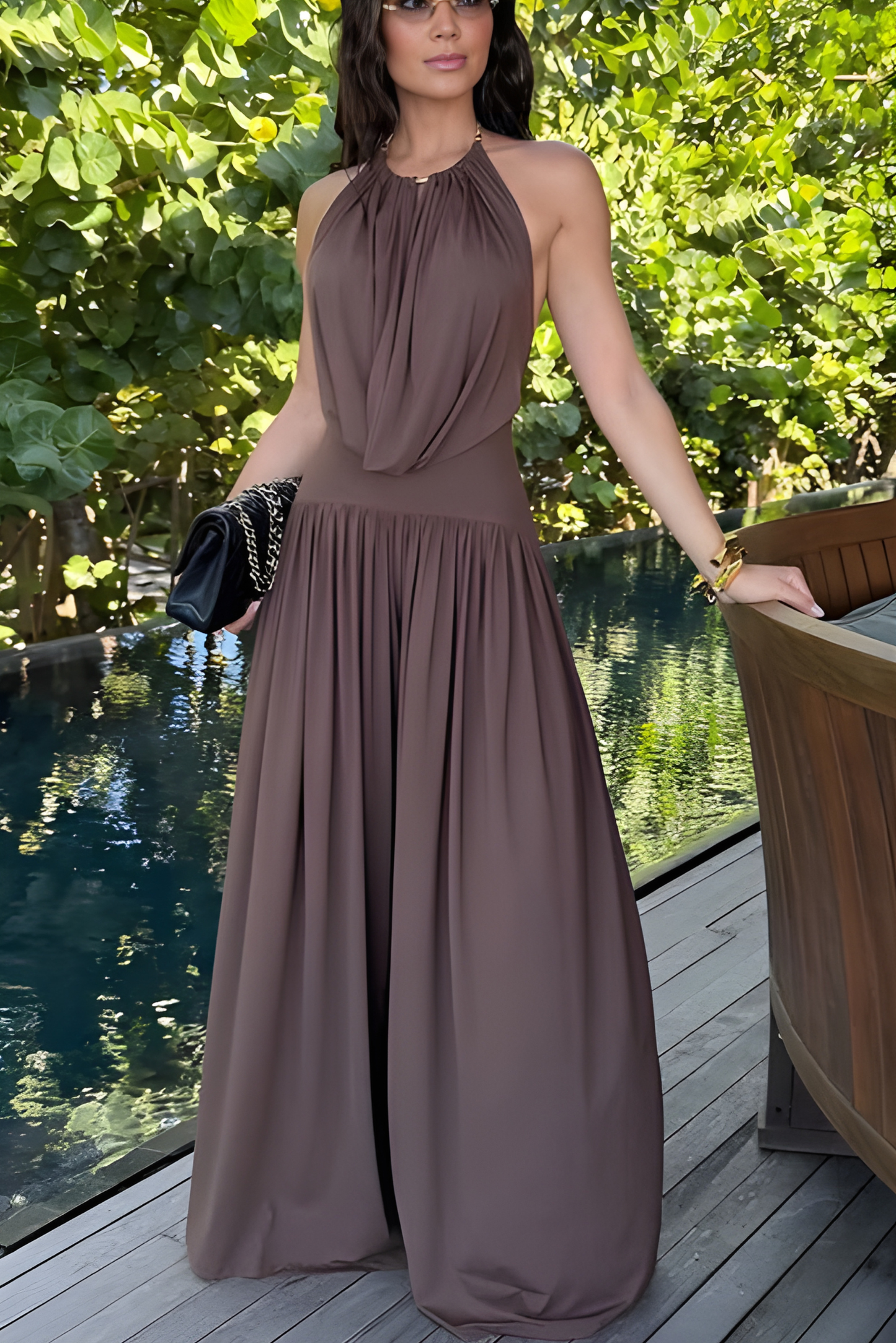 Lightweight Chic Draped High Rise Elastic Waist Wide-leg Pants
