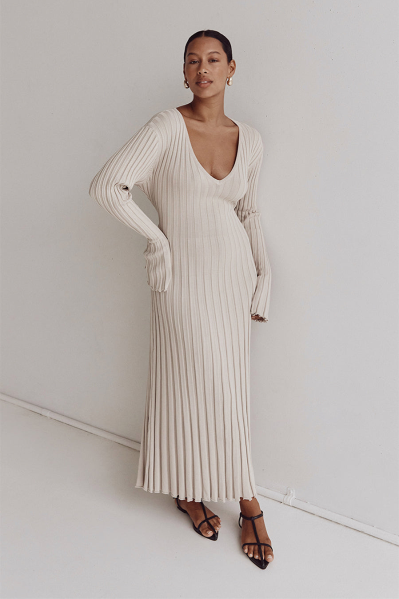 Rib Knit Deep V-Neck Long Sleeve Lettuce Hem Column Maxi Dress