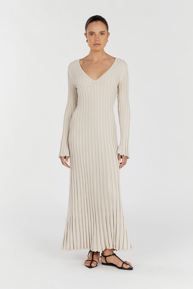 Rib Knit Deep V-Neck Long Sleeve Lettuce Hem Column Maxi Dress