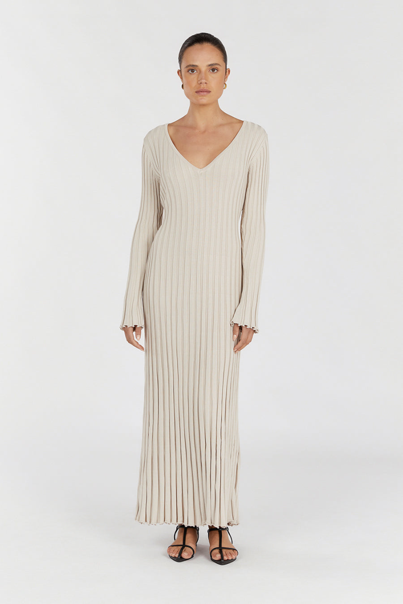 Rib Knit Deep V-Neck Long Sleeve Lettuce Hem Column Maxi Dress