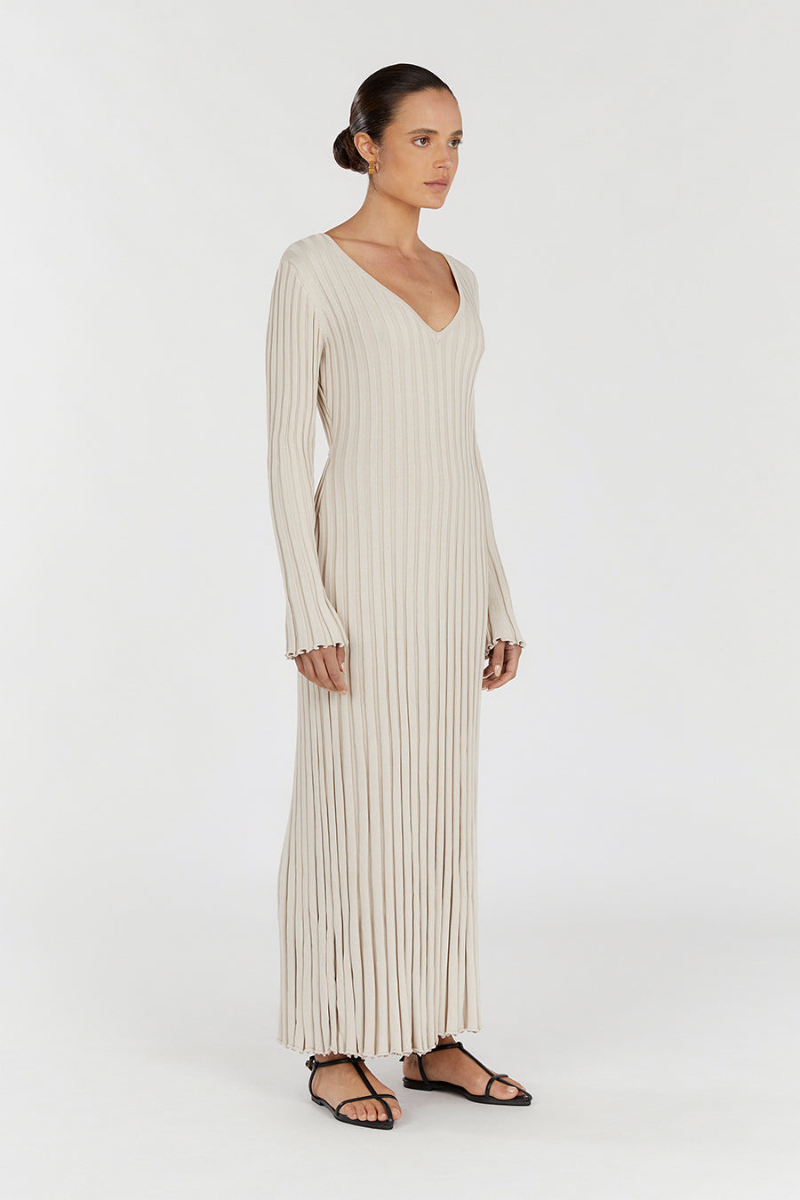Rib Knit Deep V-Neck Long Sleeve Lettuce Hem Column Maxi Dress