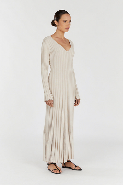 Rib Knit Deep V-Neck Long Sleeve Lettuce Hem Column Maxi Dress