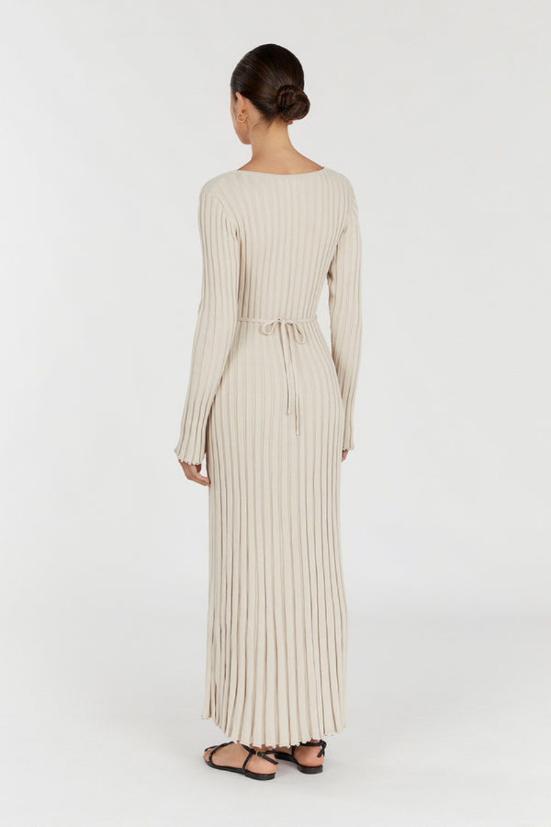 Rib Knit Deep V-Neck Long Sleeve Lettuce Hem Column Maxi Dress