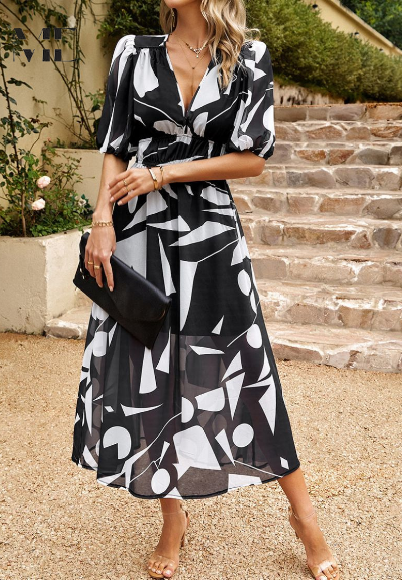 Women's Floral Midi Dress With Puff Sleeves – Elegant Casual Dress