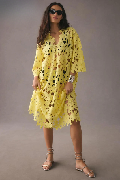 Eyelet Lace Scalloped V-Neck Bell Sleeve Cut Out Maxi Dress