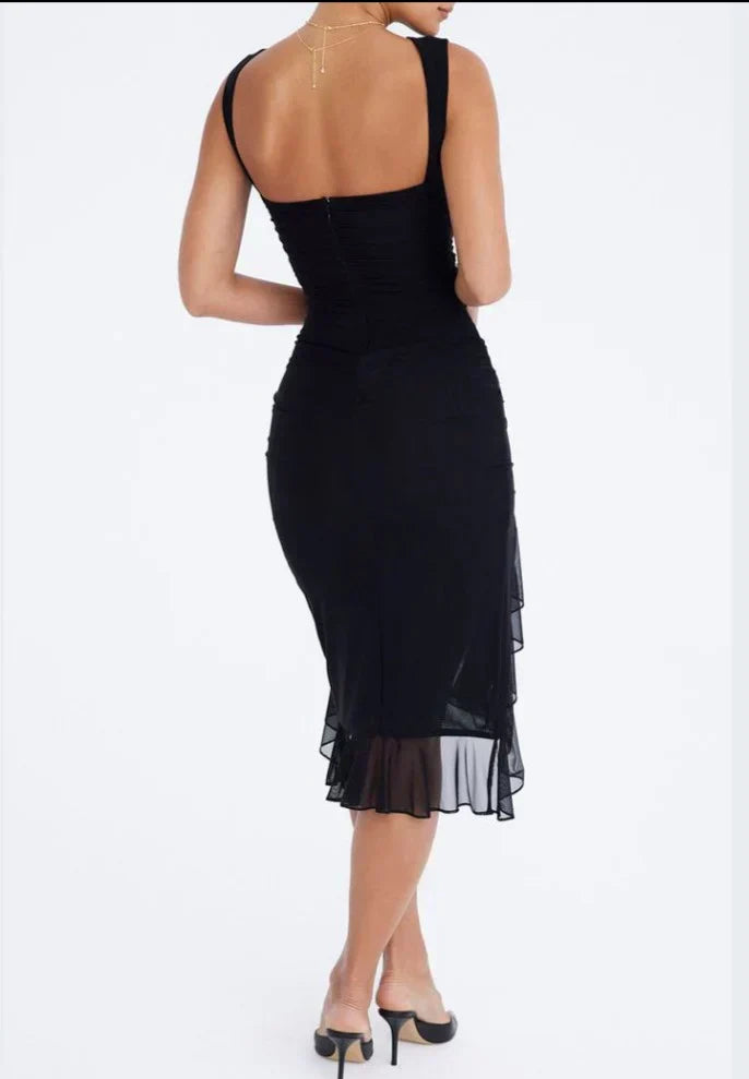 Boat Neck Sleeveless Ruched Asymmetric Slit Mesh Trim Tiered Ruffle Midi Dress