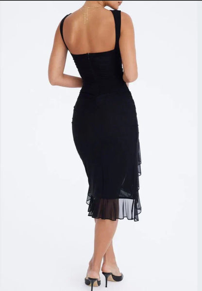 Boat Neck Sleeveless Ruched Asymmetric Slit Mesh Trim Tiered Ruffle Midi Dress