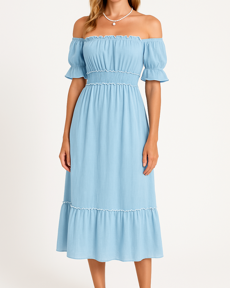 Off Shoulder Shirred Waist Puff Sleeve Lettuce Edge Tiered Midi Dress