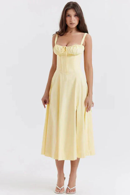 Aurora Floral Corset Midi Dress | Sweetheart Neckline, Slit Skirt, Spaghetti Straps