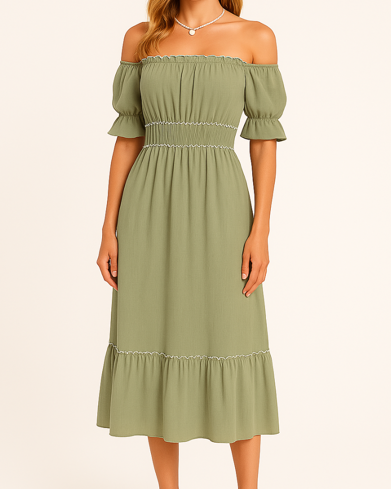 Off Shoulder Shirred Waist Puff Sleeve Lettuce Edge Tiered Midi Dress