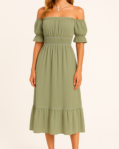 Off Shoulder Shirred Waist Puff Sleeve Lettuce Edge Tiered Midi Dress