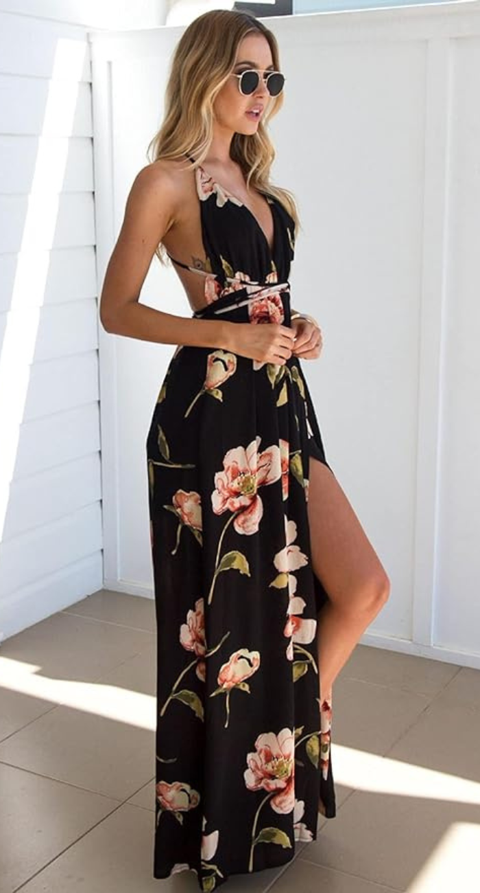 Floral Print Plunging V-Neck Halter Empire Waist Maxi Dress