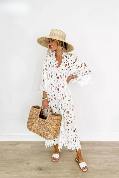 Eyelet Lace Scalloped V-Neck Bell Sleeve Cut Out Maxi Dress