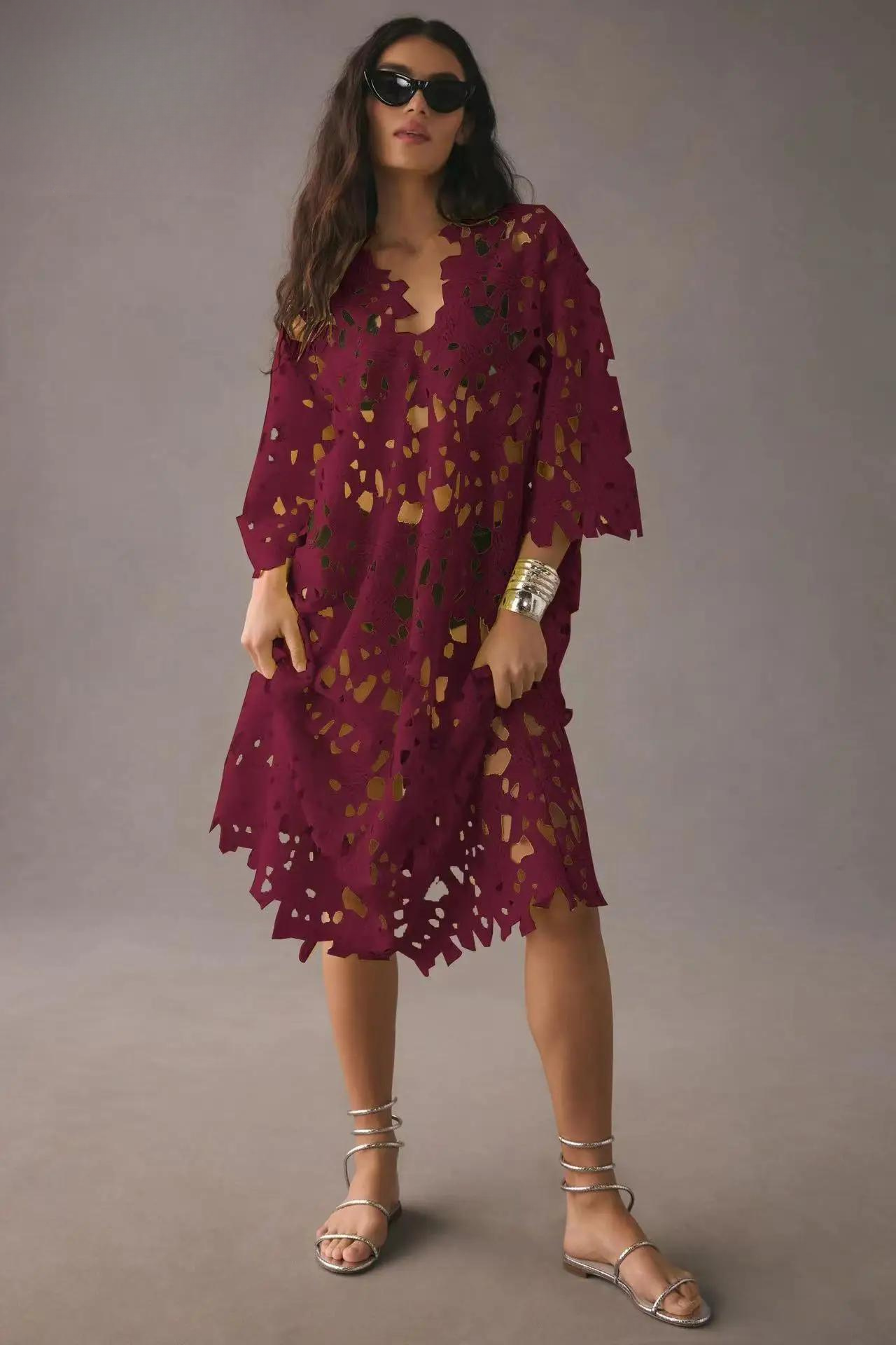 Eyelet Lace Scalloped V-Neck Bell Sleeve Cut Out Maxi Dress