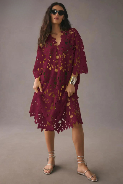 Eyelet Lace Scalloped V-Neck Bell Sleeve Cut Out Maxi Dress