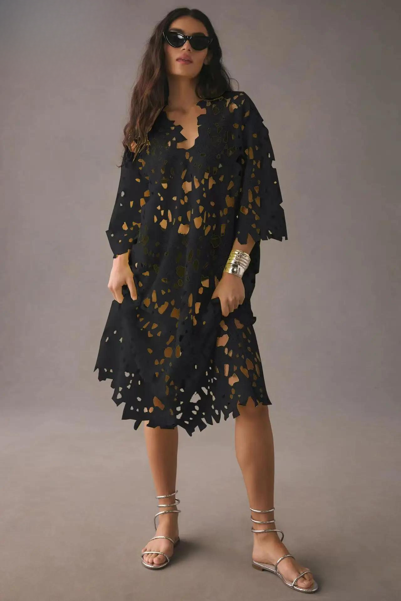 Eyelet Lace Scalloped V-Neck Bell Sleeve Cut Out Maxi Dress
