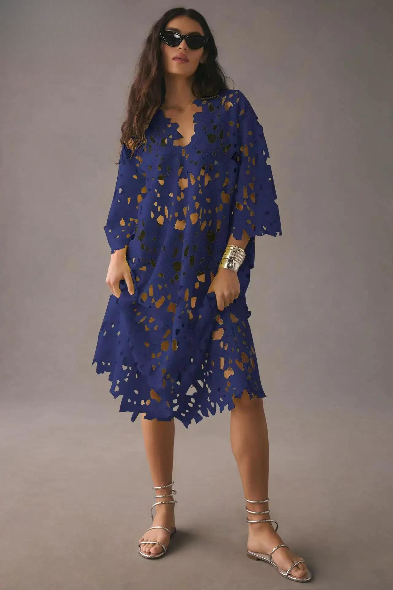 Eyelet Lace Scalloped V-Neck Bell Sleeve Cut Out Maxi Dress
