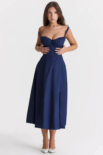 Aurora Floral Corset Midi Dress | Sweetheart Neckline, Slit Skirt, Spaghetti Straps