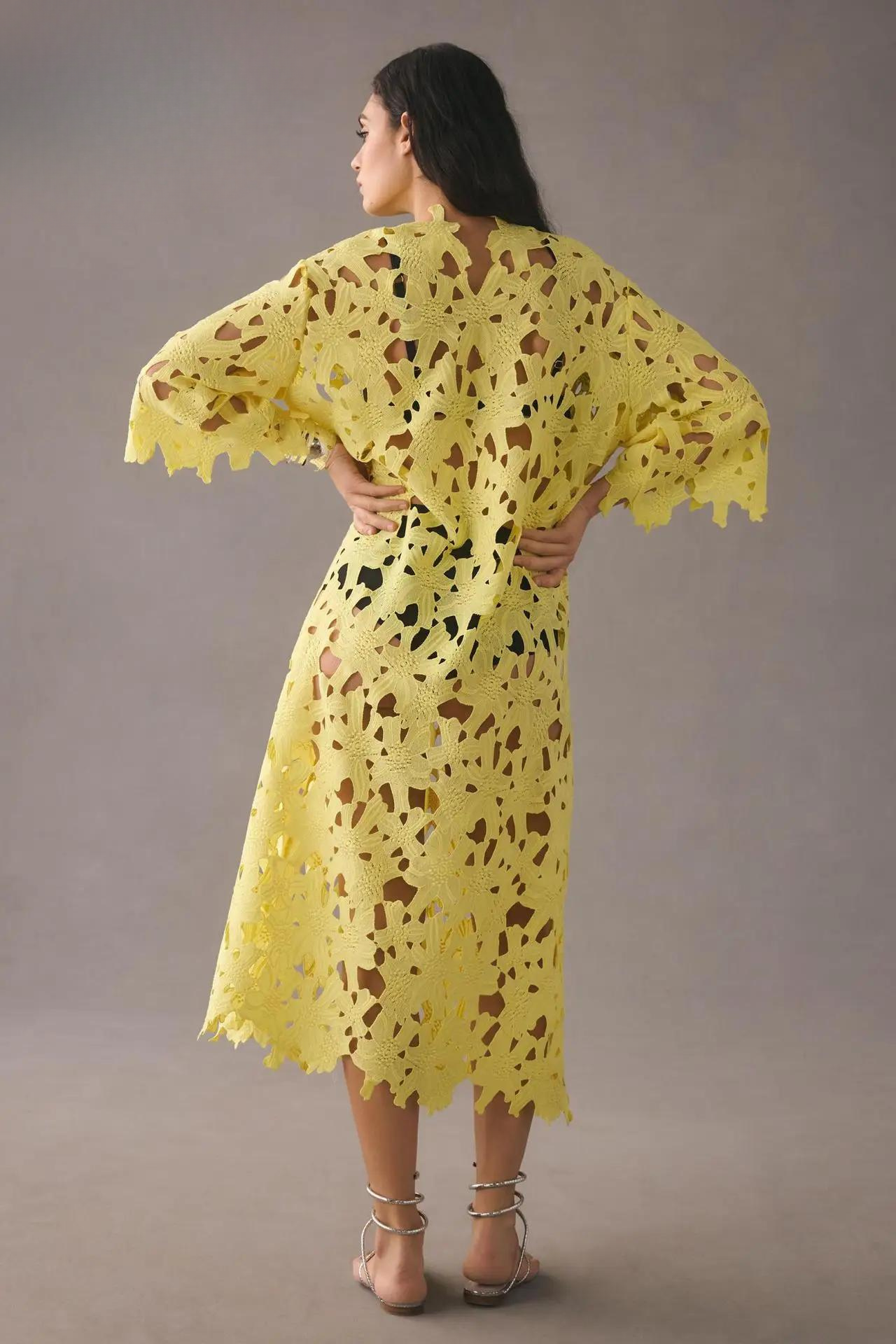 Eyelet Lace Scalloped V-Neck Bell Sleeve Cut Out Maxi Dress