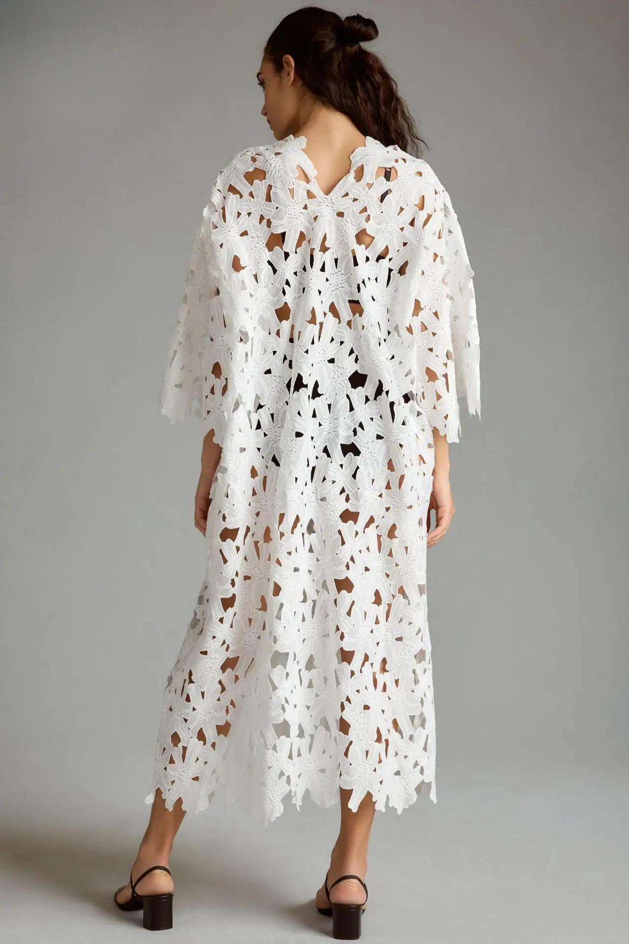 Eyelet Lace Scalloped V-Neck Bell Sleeve Cut Out Maxi Dress