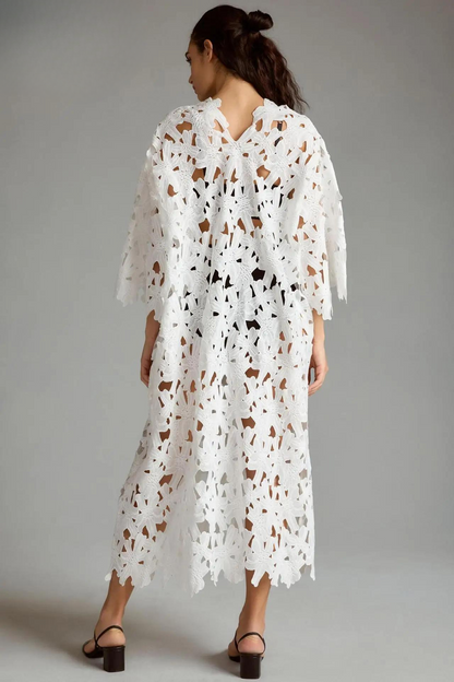 Eyelet Lace Scalloped V-Neck Bell Sleeve Cut Out Maxi Dress