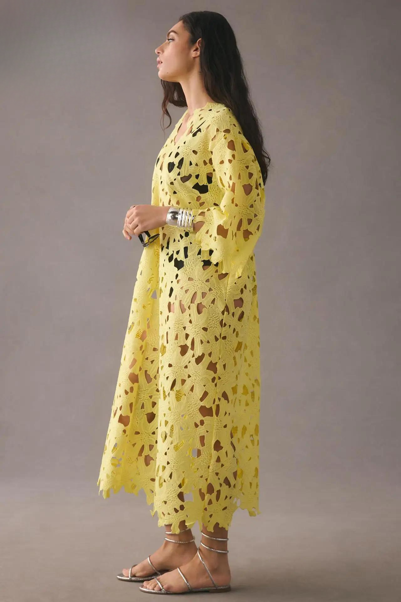 Eyelet Lace Scalloped V-Neck Bell Sleeve Cut Out Maxi Dress