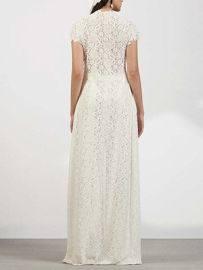 Two Piece Sets Pant Set Maxi Dresses White Resort Wear Jewel Neck Illusion Sleeves Short Sleeves Sets