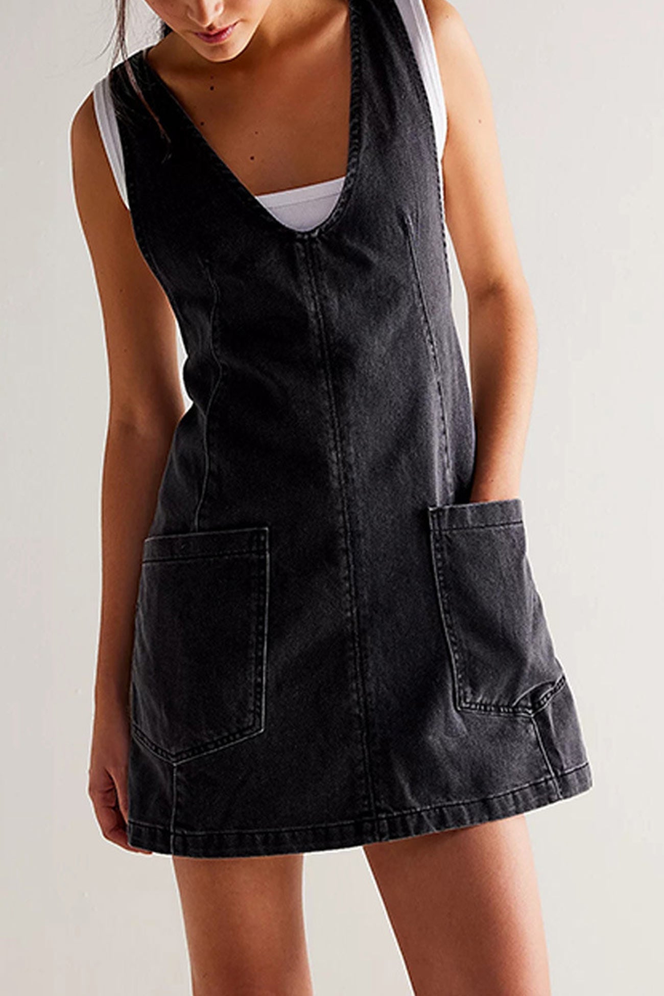 Deep V-Neck Patch Pocket Pinafore Denim Tank Mini Dress