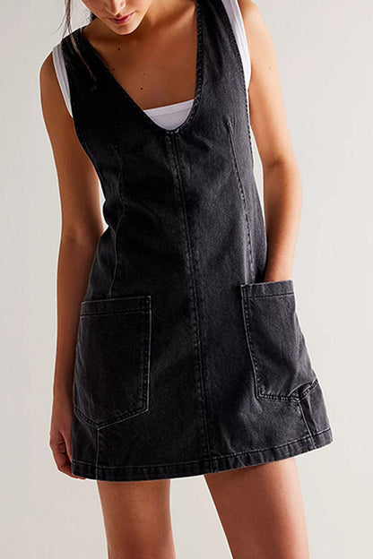 Deep V-Neck Patch Pocket Pinafore Denim Tank Mini Dress