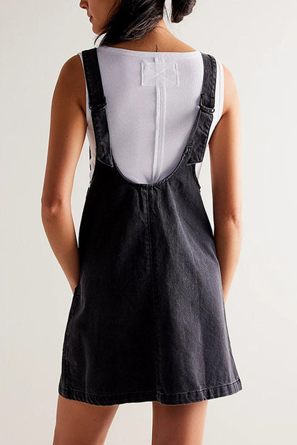 Deep V-Neck Patch Pocket Pinafore Denim Tank Mini Dress