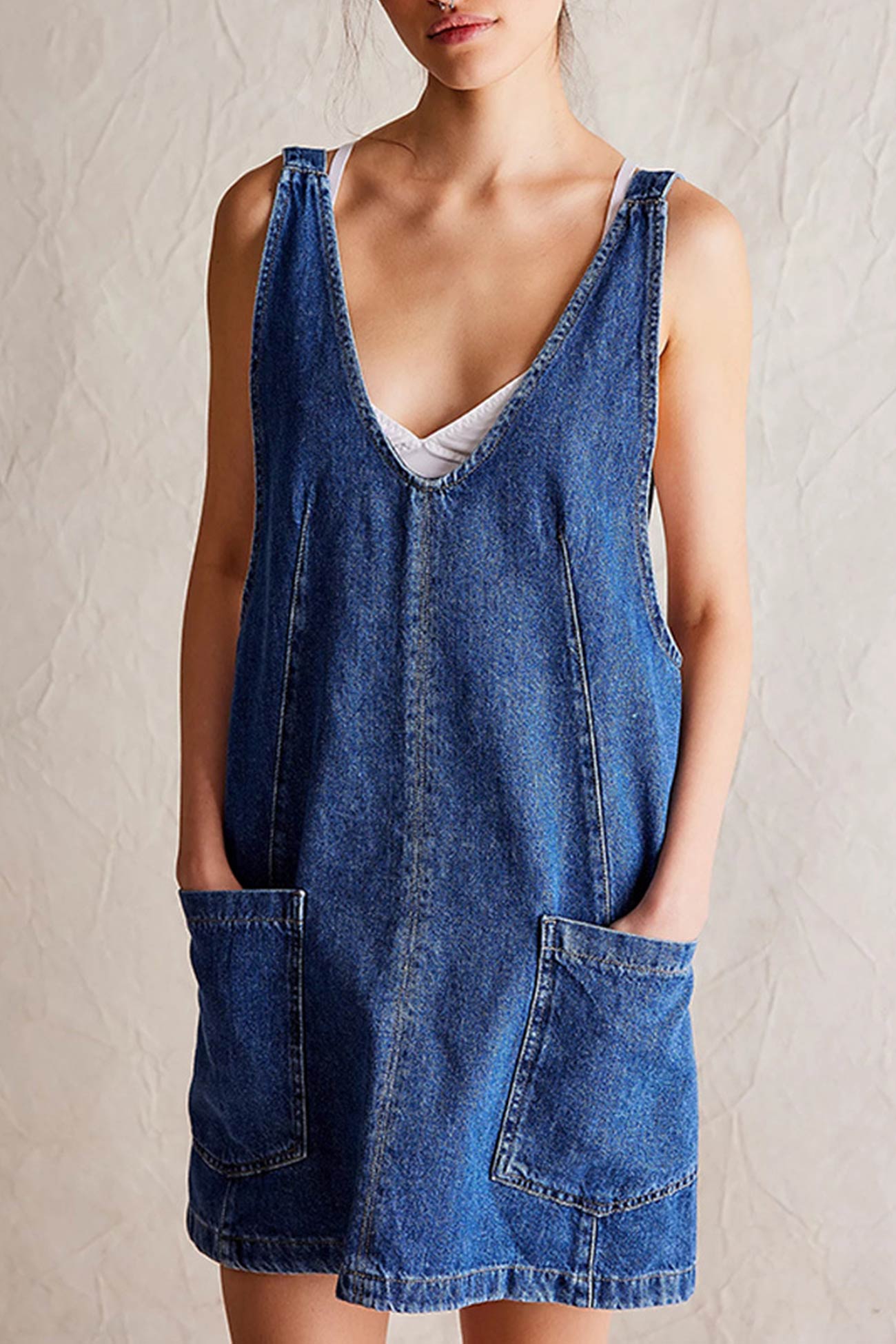 Deep V-Neck Patch Pocket Pinafore Denim Tank Mini Dress