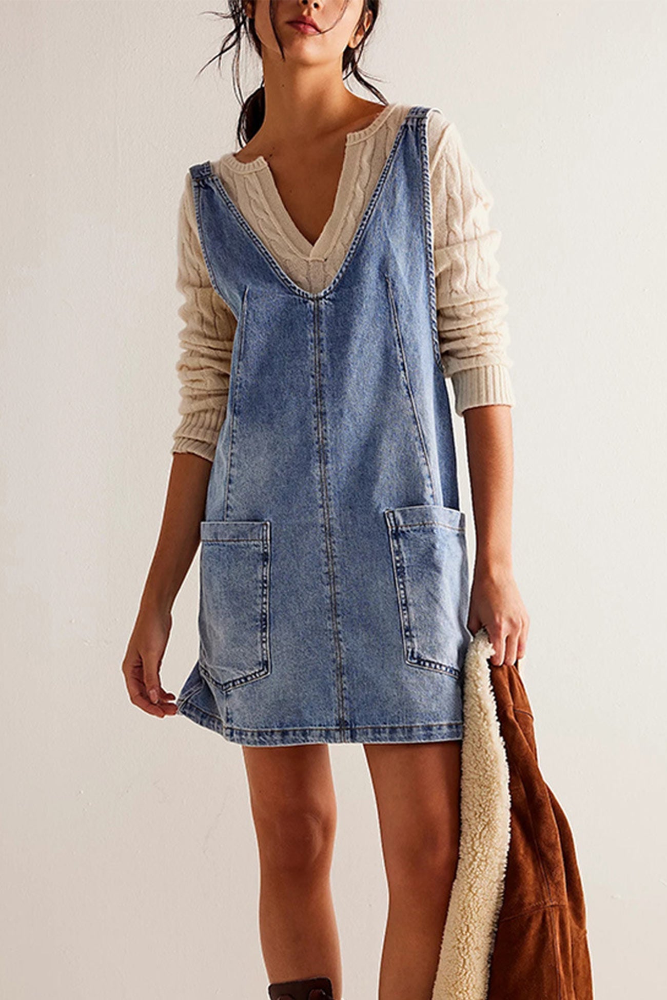 Deep V-Neck Patch Pocket Pinafore Denim Tank Mini Dress