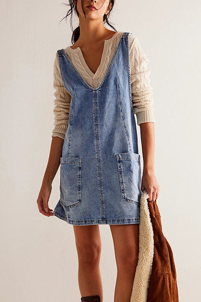 Deep V-Neck Patch Pocket Pinafore Denim Tank Mini Dress