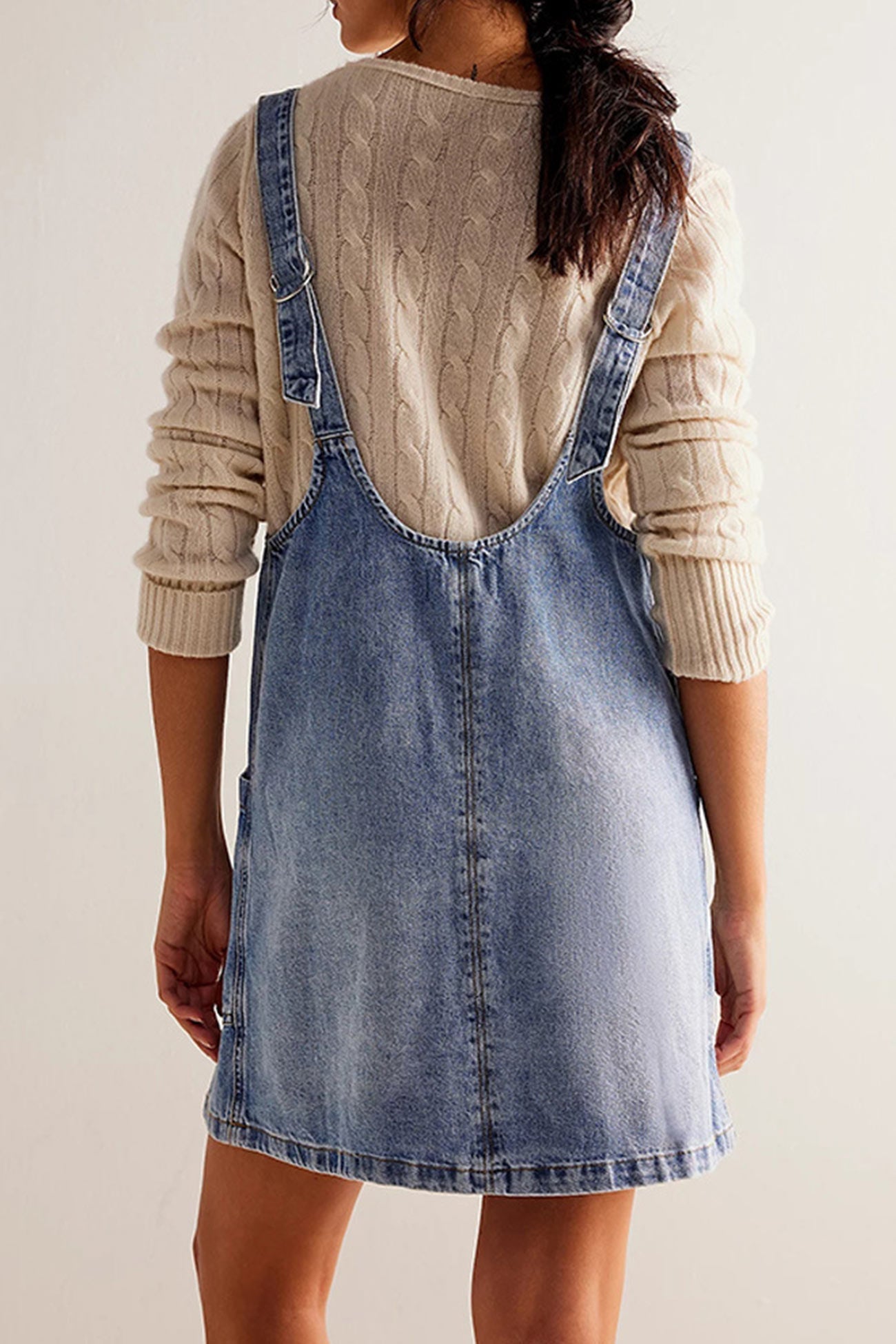 Deep V-Neck Patch Pocket Pinafore Denim Tank Mini Dress