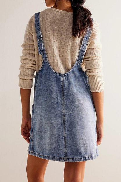 Deep V-Neck Patch Pocket Pinafore Denim Tank Mini Dress