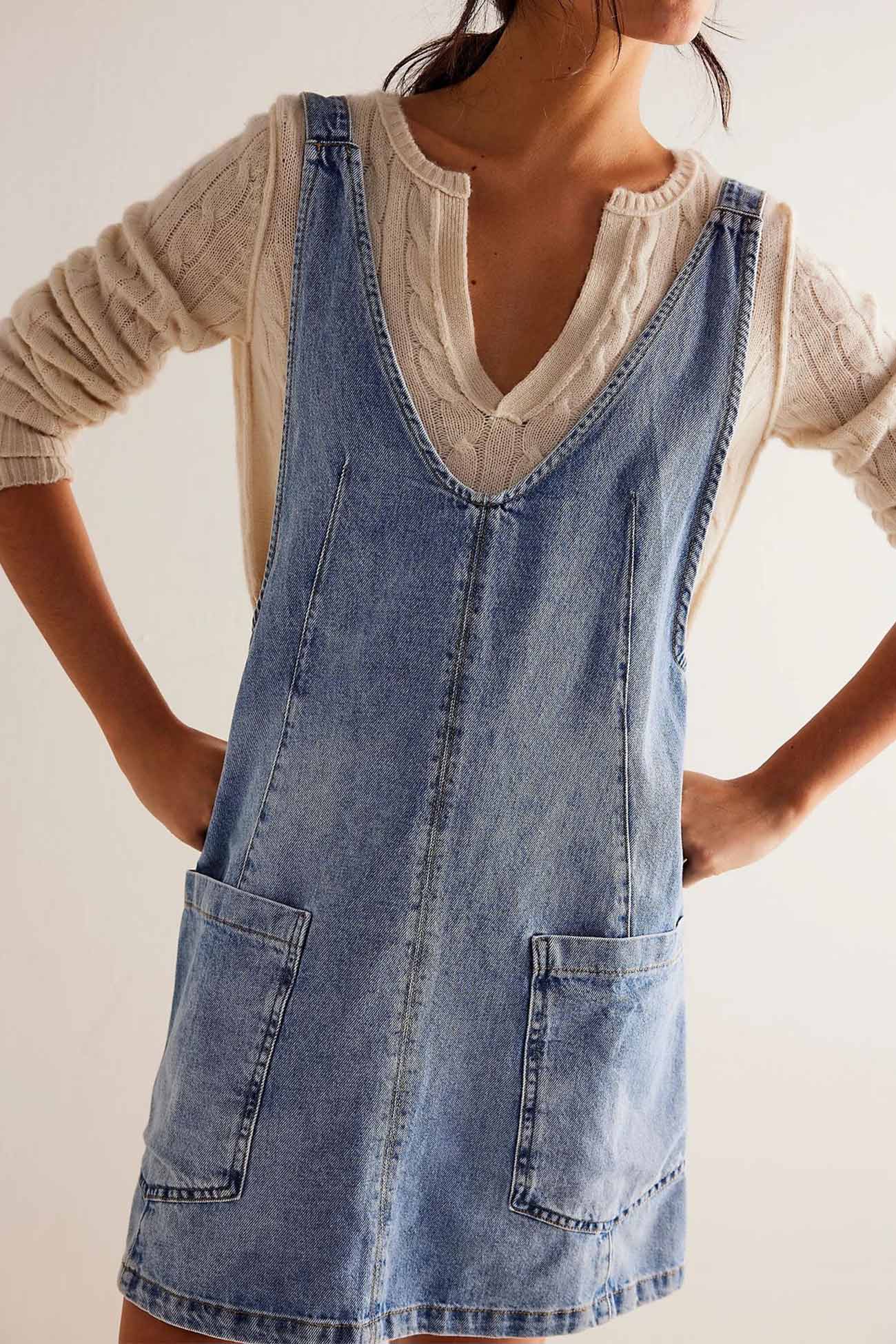 Deep V-Neck Patch Pocket Pinafore Denim Tank Mini Dress