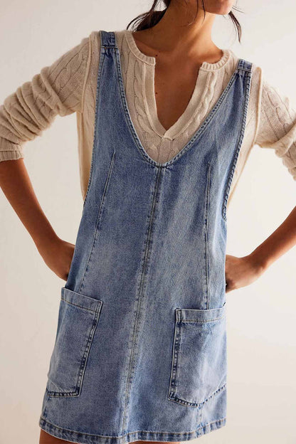 Deep V-Neck Patch Pocket Pinafore Denim Tank Mini Dress