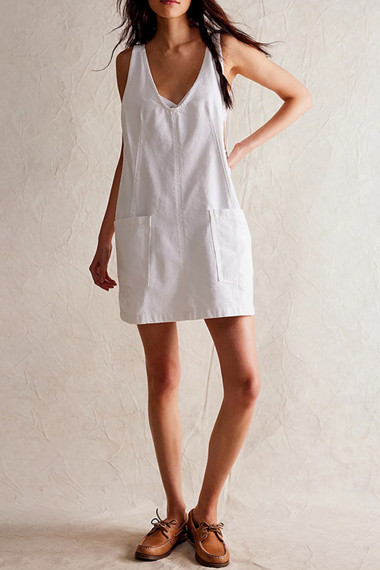 Deep V-Neck Patch Pocket Pinafore Denim Tank Mini Dress