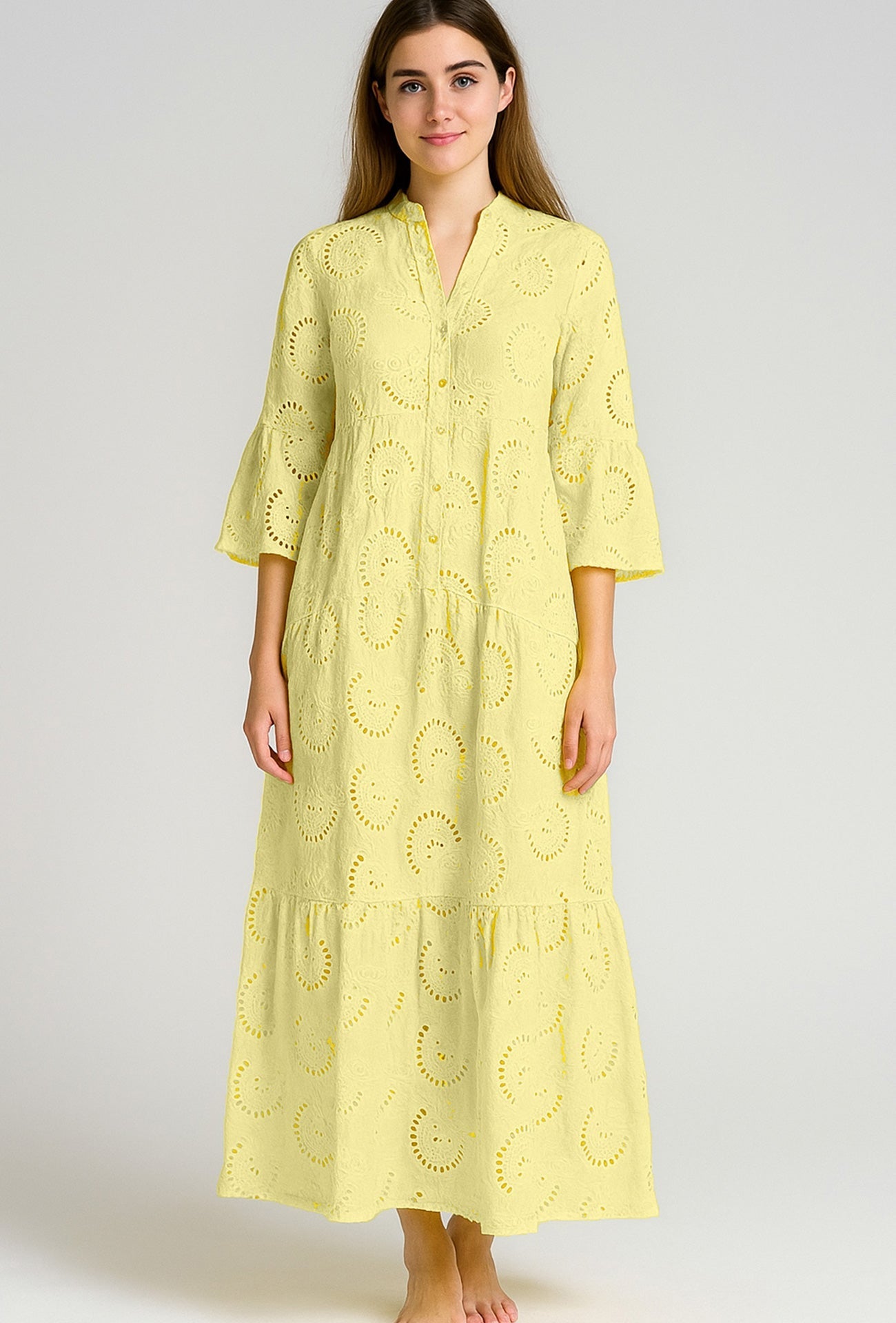 V Neck Flares Sleeve Embroidery Cotton Dress