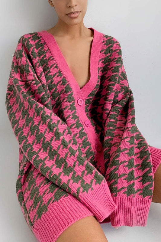 V Neck Houndstooth Contrast Mid-length Cardigan