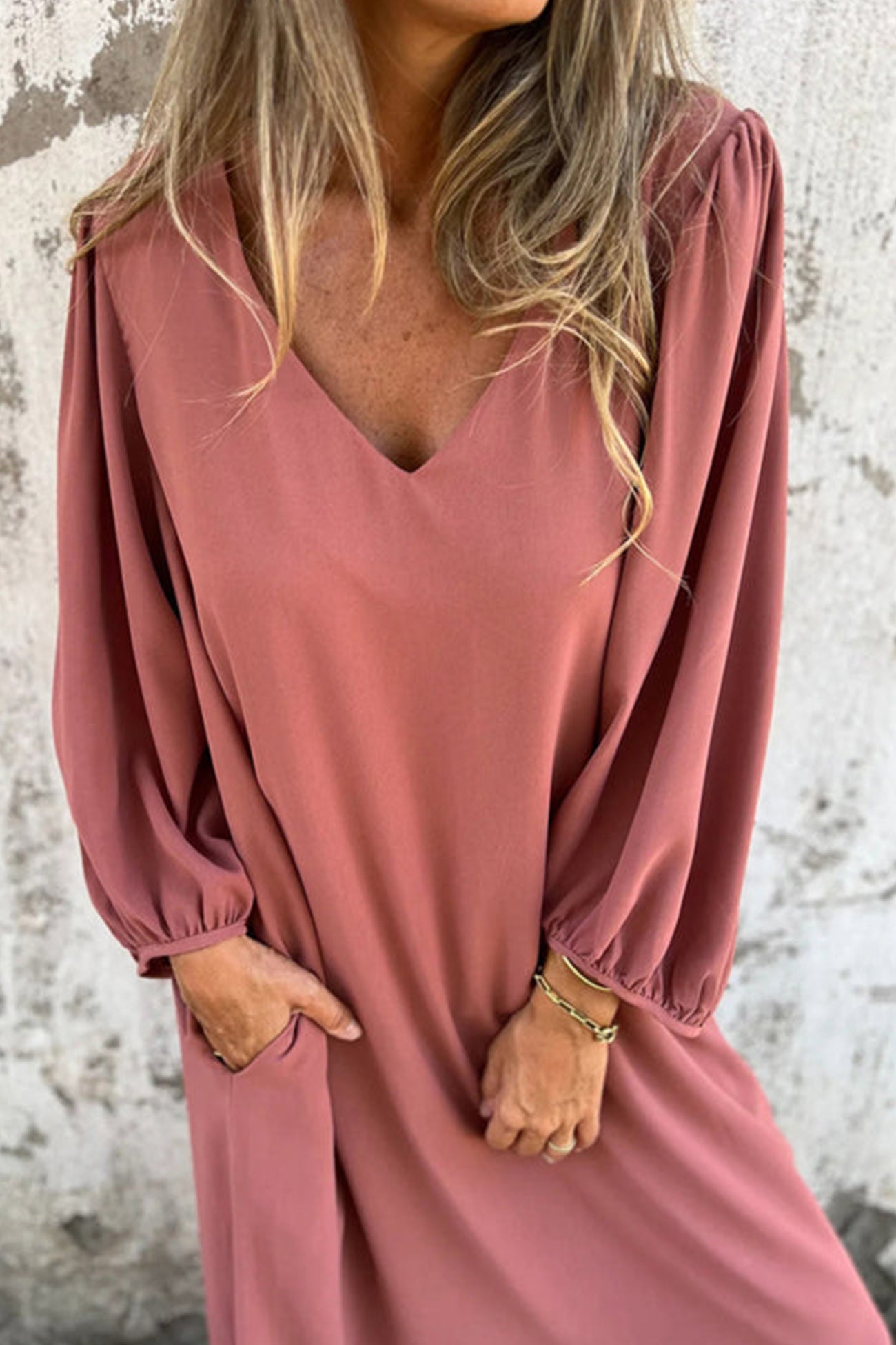 V Neck Lantern Sleeve Maxi Dress
