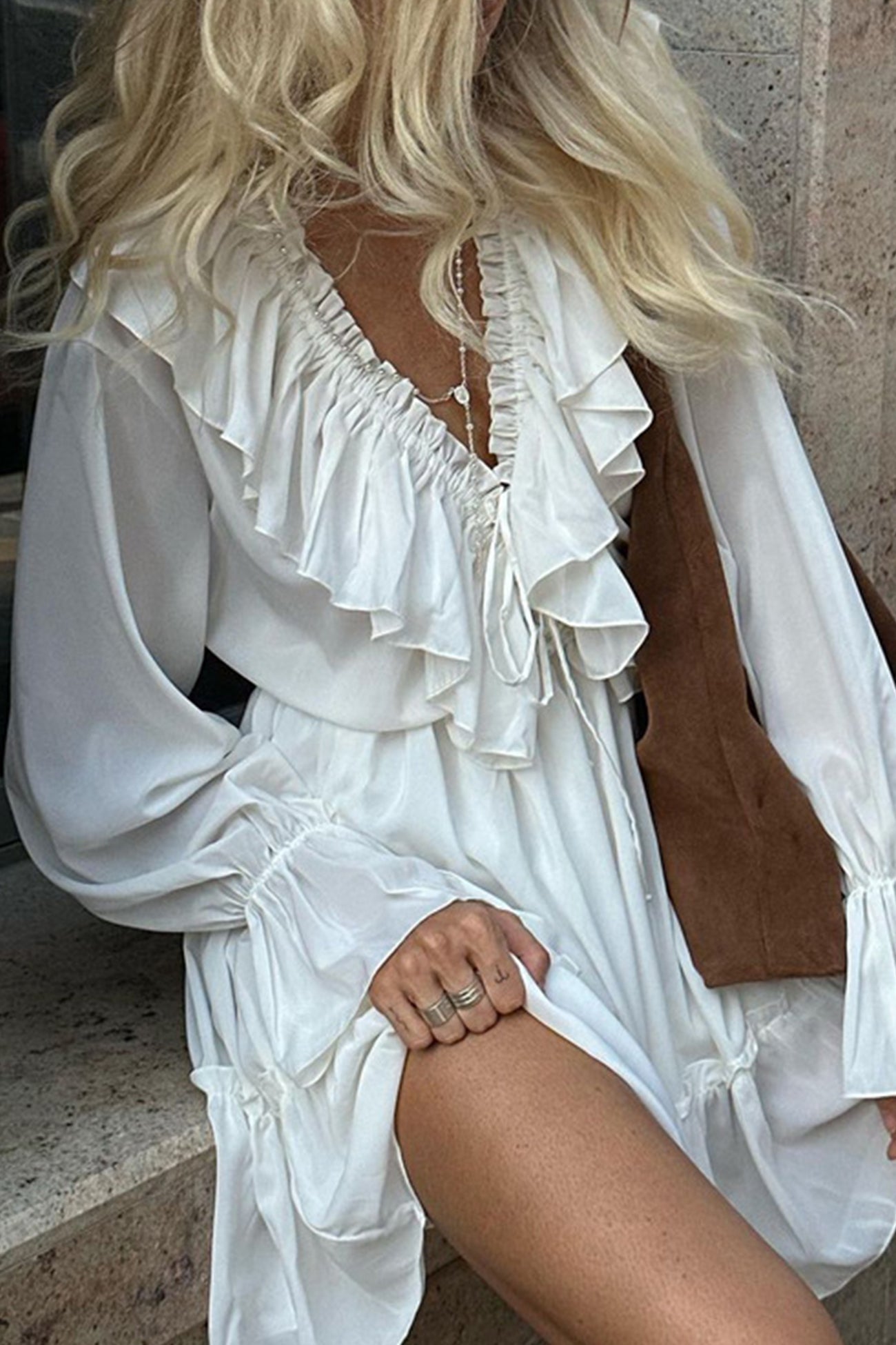 Ruffle Trim Deep V-Neck Long Sleeve Tiered Ruffle Hem Mini Dress