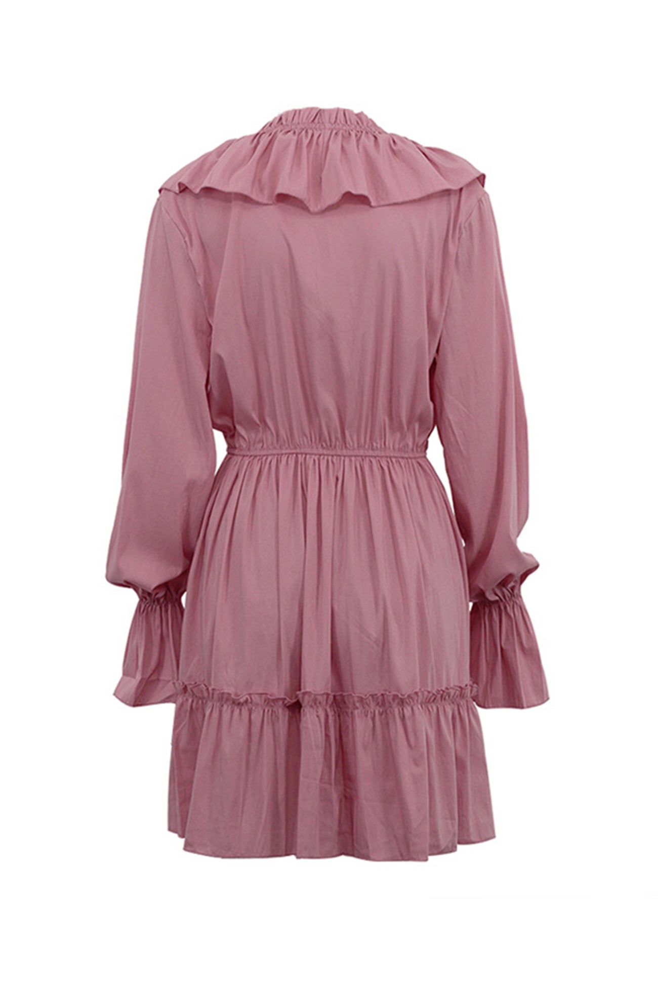 Ruffle Trim Deep V-Neck Long Sleeve Tiered Ruffle Hem Mini Dress