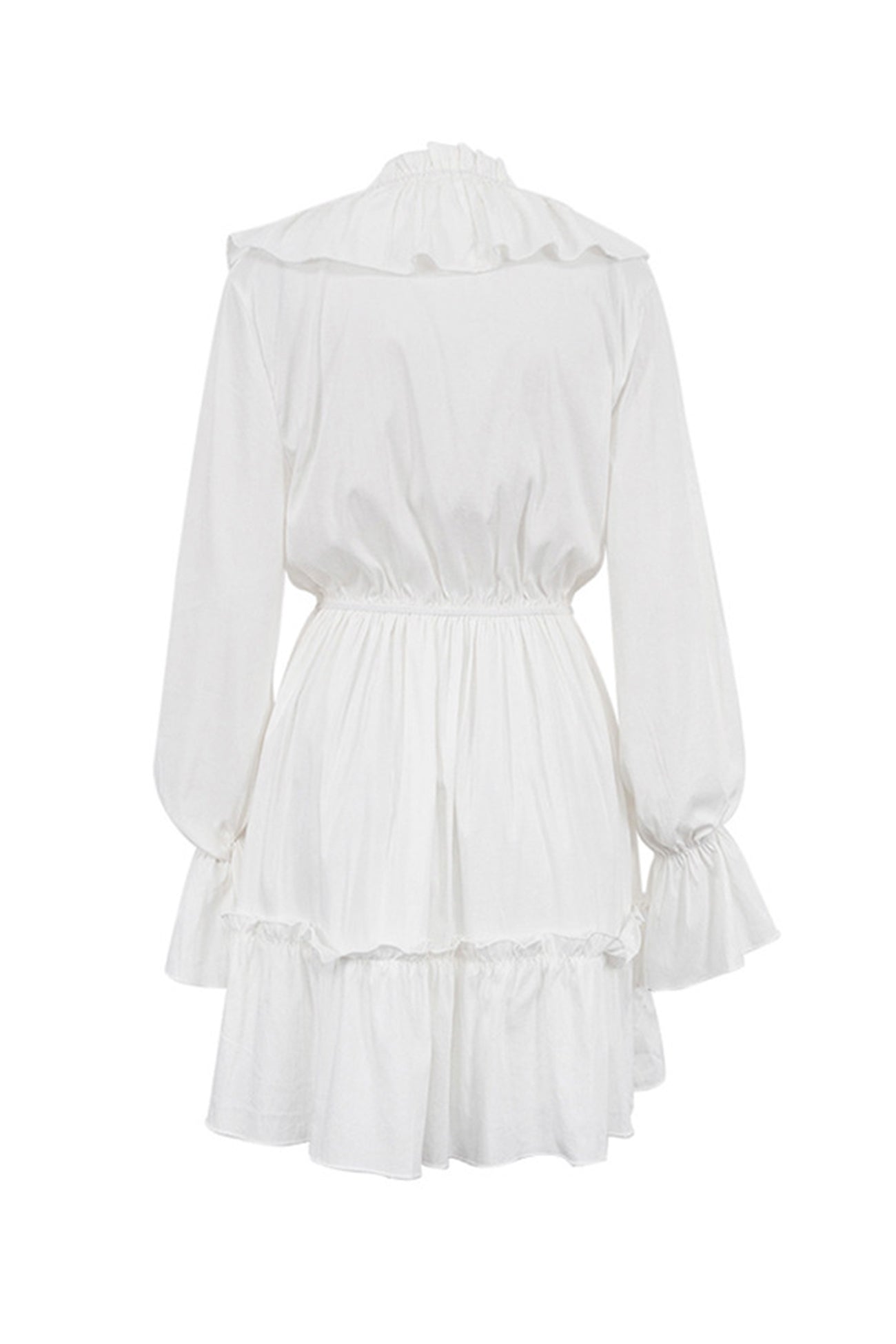Ruffle Trim Deep V-Neck Long Sleeve Tiered Ruffle Hem Mini Dress