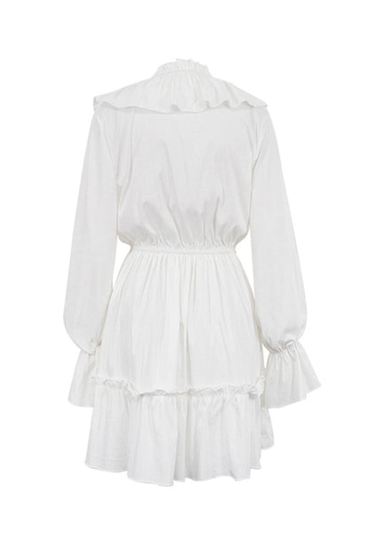 Ruffle Trim Deep V-Neck Long Sleeve Tiered Ruffle Hem Mini Dress