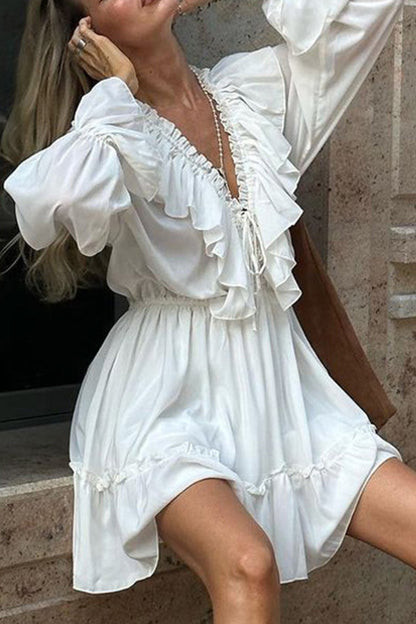 Ruffle Trim Deep V-Neck Long Sleeve Tiered Ruffle Hem Mini Dress