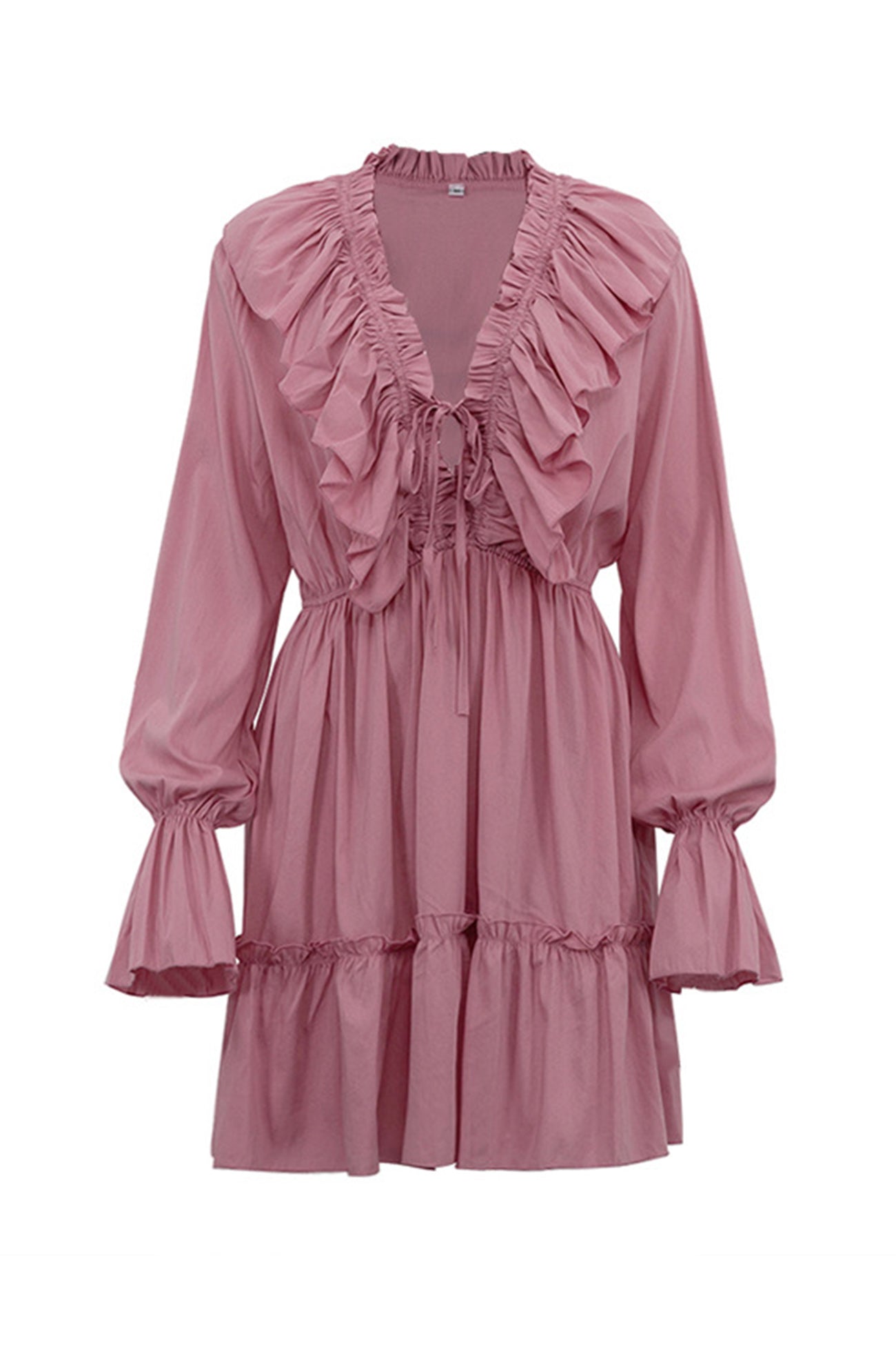 Ruffle Trim Deep V-Neck Long Sleeve Tiered Ruffle Hem Mini Dress