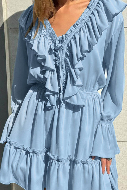 Ruffle Trim Deep V-Neck Long Sleeve Tiered Ruffle Hem Mini Dress