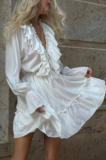 Ruffle Trim Deep V-Neck Long Sleeve Tiered Ruffle Hem Mini Dress